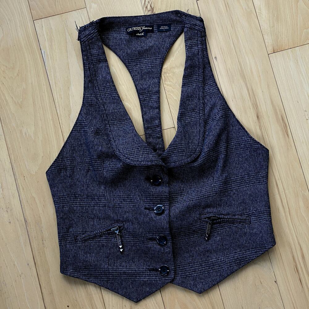 Y2K Guess Dark Grey Fitted Feminine Vest Top Collared Button Down Downtown Girl